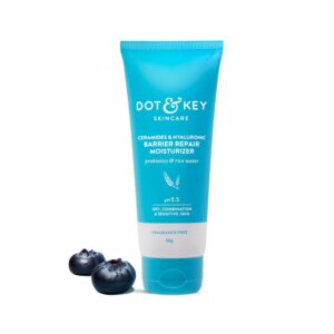 Front view of original Dot and Key Barrier Repair Moisturizer tub packaging highlighting its 5 ceramides and hyaluronic acid formula.