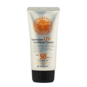 Authentic 3W Clinic Intensive UV Sunblock Cream 70ml packaging and tube showing SPF50+ and PA+++ details on a white background.