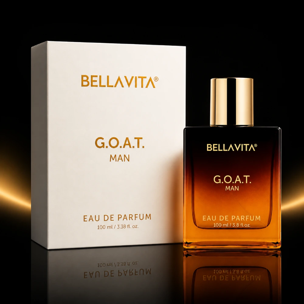 Bellavita G.O.A.T. Man Eau De Parfum 100ml (3.8 fl oz) with Original Box and Perfume Bottle on Black Background – Premium Men's Fragrance in Bangladesh | Offline BD