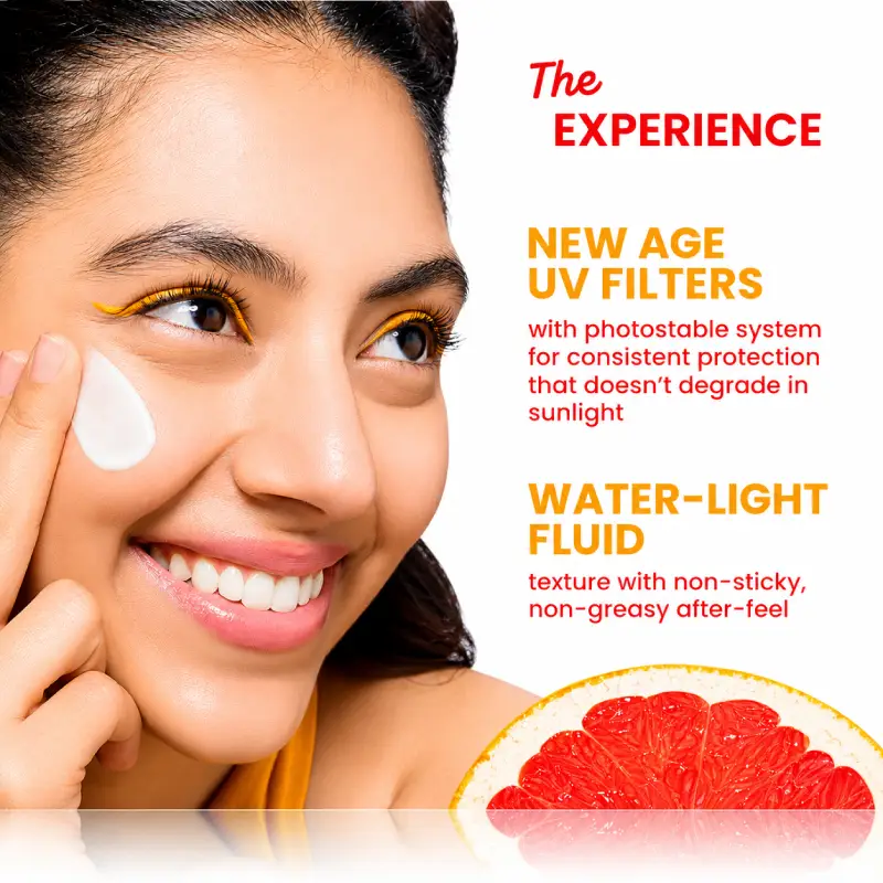 Woman applying Dot & Key Vitamin C+E Super Bright Sunscreen SPF 50 PA++++ Water-Light Fluid with New Age UV Filters – Original Sunscreen Price in Bangladesh | Offline BD