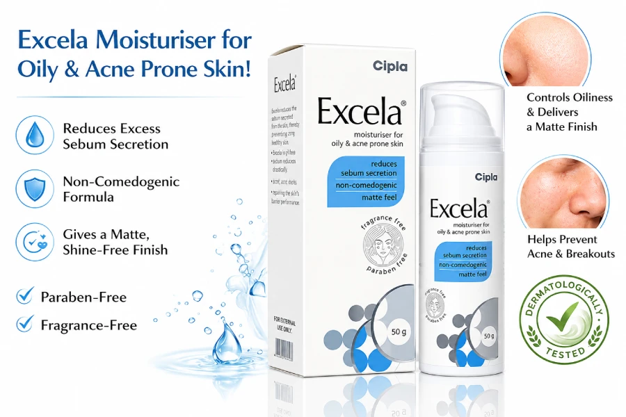 Excela Moisturiser for Oily & Acne Prone Skin by Cipla - Controls Excess Oil, Non-Comedogenic, Matte Finish, Fragrance-Free | OfflineBD Bangladesh.