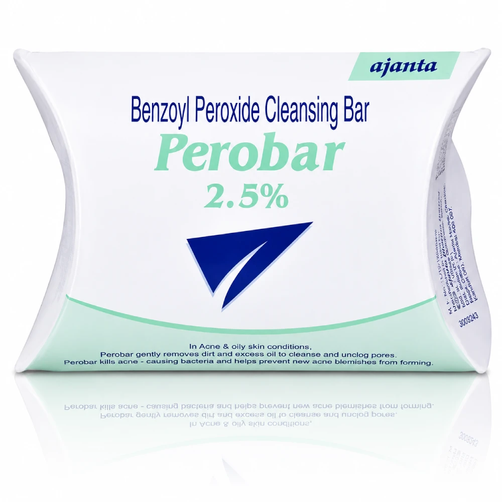 Ajanta Perobar 2.5% Soap 75g paper box container, a dedicated medical benzoyl peroxide bar for acne treatment price in Bangladesh.